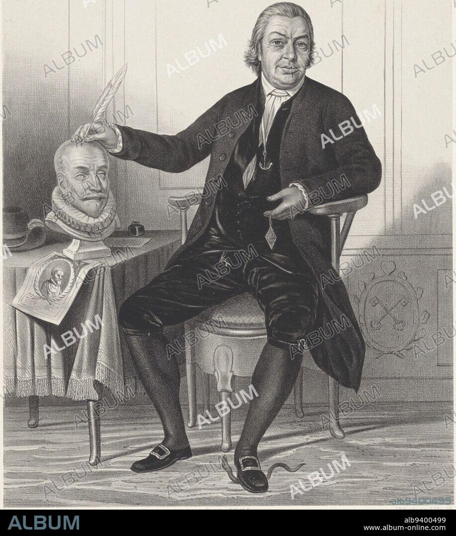 The person portrayed is sitting on a chair. On the table a bust of Willem de Zwijger and a print with the portrait of Pieter Adriaansz. van der Werff, mayor of Leiden during the 80 year war. Behind him is a wall paneling with an oval in which two crossed keys from the coat of arms of Leiden. On the table are a hat with feather, inkwell and a sheet of paper. The portrayed is wearing dark knee breeches and stockings and shoes with buckles. In his right hand resting on the bust he has a quill, in left hand a diamond shaped small object. Around his neck a chain with a pendant in the shape of an anchor. Under his left foot a viper wriggles. Below the portrait the signature of the person being portrayed, Portrait of Johannes le Francq van Berkhey, print maker: Johann Peter Berghaus, (mentioned on object), print maker: Gerardus Johannes Bos, (mentioned on object), Rienk Jelgerhuis, (mentioned on object), print maker: Leiden, print maker: Netherlands, Netherlands, printer: Leiden, 1835 - 1870, paper, h 560 mm × w 425 mm.