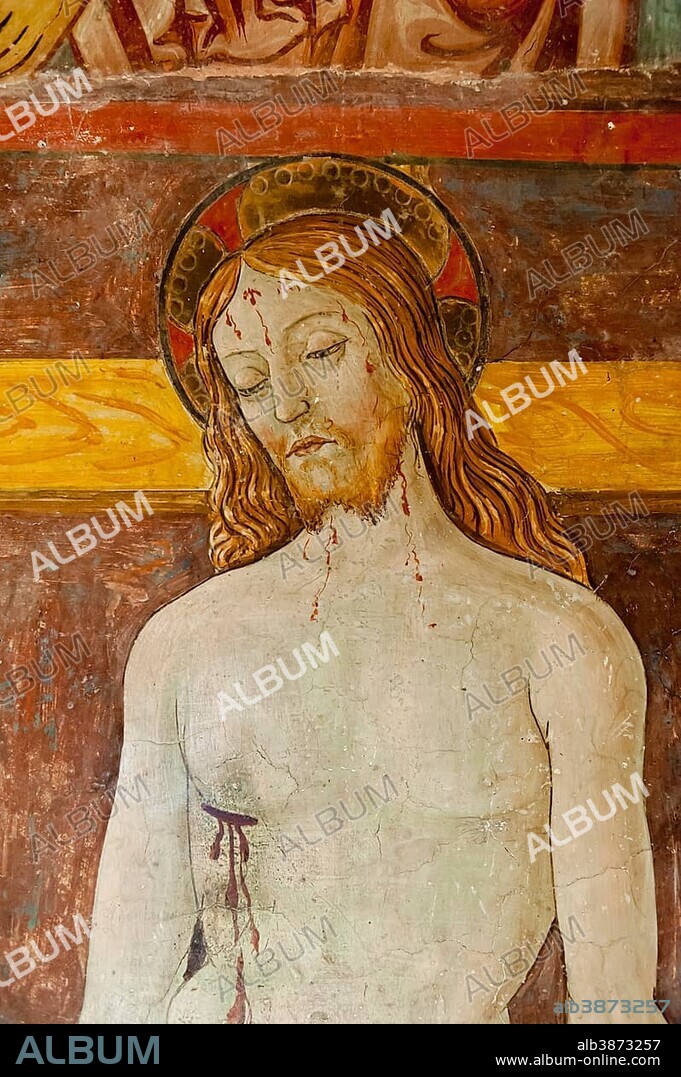 Catholic christianity, ornate mural from the 13th Century, fresco, Jesus Christ with stigmata, Chapel of St. Gregory, St. Benedict's Abbey, Monastery of San Benedetto, Sacro Speco, Sacred Grotto, Subiaco, Lazio, Italy, Southern Europe, Europe.