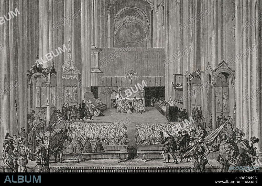 Concilio de Trento (1545-1563). Convocado por el papa Paulo III en 1545. Una sesión del concilio en 1555. Grabado por Huyot a partir de una pintura de Tiziano. "Vie Militaire et Religieuse au Moyen Age et à l'Epoque de la Renaissance". París, 1877.