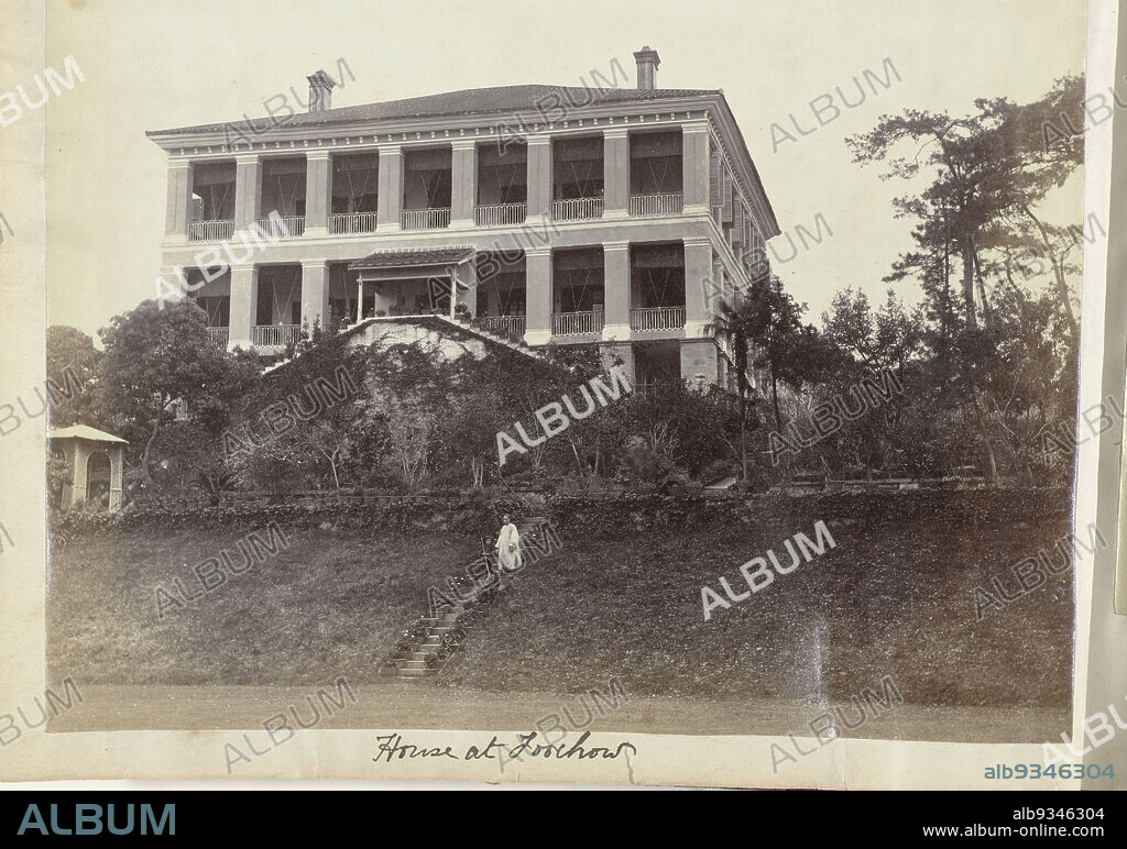 The front of a large house with a view of the stairs and porch, anonymous, China, c. 1879 - c. 1890, paper, albumen print, height 169 mm × width 216 mmheight 345 mm × width 265 mm.