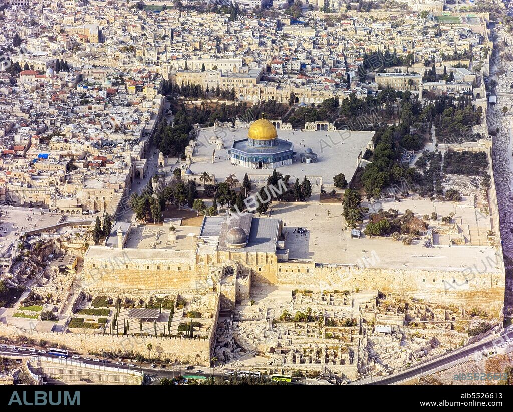 The Temple Mount, known in Hebrew as Har HaBayit or as Har HaMoriya and in Arabic as the Haram al-Sharif or Noble Sanctuary, is one of the most important religious sites in the Old City of Jerusalem. It has been used as a religious site for thousands of years. At least four religious traditions are known to have made use of the Temple Mount: Judaism, Christianity, Roman religion, and Islam. The present site is dominated by three monumental structures from the early Umayyad period: the al-Aqsa Mosque, the Dome of the Rock and the Dome of the Chain. The Western Wall, Wailing Wall or Kotel ( Arabic: Ha'it Al-Buraq, ' The Buraq Wall') is located to the west at left centre.