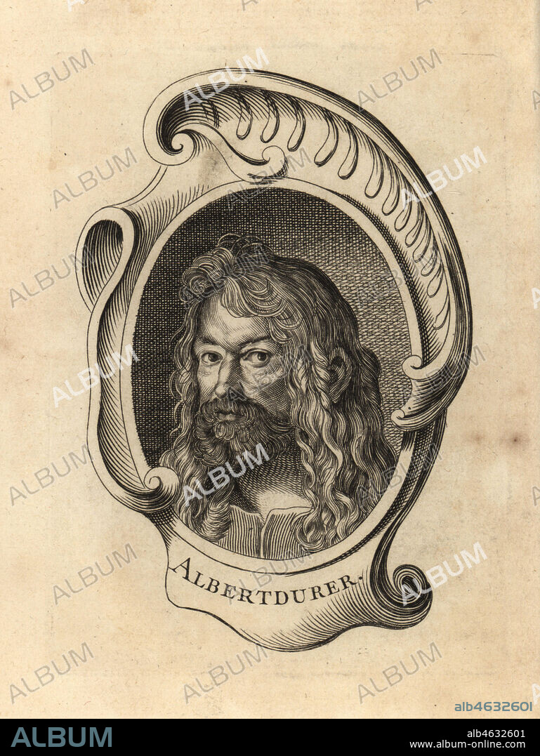 Portrait of Albrecht Durer, German painter, printmaker of the Renassiance 1471-1528. Albert Durer Copperplate engraving after a self portrait by Durer from Antoine-Joseph Dezallier dArgenvilles Abrege de la vie des plus fameux peintres, Lives of the most Famous Artists, de Bure lAine, Paris, 1762.