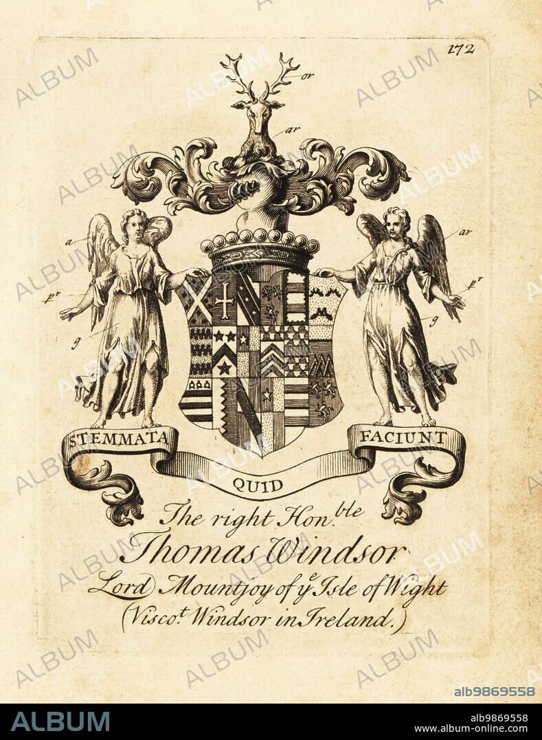Coat of arms of the Right Honourable Thomas Windsor, Lord Mountjoy of the Isle of Wight, 1st Viscount Windsor in Ireland. Copperplate engraving by Andrew Johnston after C. Gardiner from Notitia Anglicana, Shewing the Achievements of all the English Nobility, Andrew Johnson, the Strand, London, 1724.