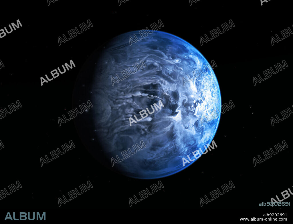 Illustration shows HD 189733b, a huge gas giant that orbits very close to its host star HD 189733. The planet's atmosphere is scorching with a temperature of over 1000 degrees Celsius, and it rains glass, sideways, in howling 7000 kilometer-per-hour winds. At a distance of 63 light-years from us, this turbulent alien world is one of the nearest exoplanets to Earth that can be seen crossing the face of its star. By observing this planet before, during, and after it disappeared behind its host star during orbit, astronomers were able to deduce that HD 189733b is a deep, azure blue reminiscent of Earth's color as seen from space. Release date June 27, 2013.