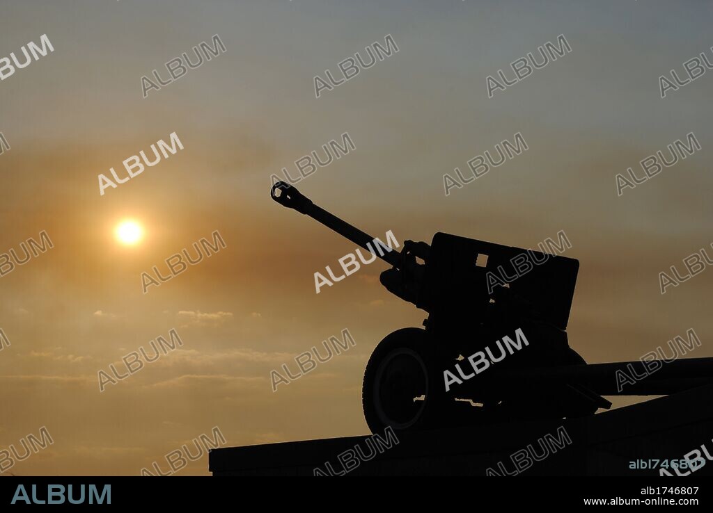 Ukraine. Crimean Peninsula. Kerch. The memorial on the mountain Mithridat, dedicated to the heroism of Kerch in World War II. Detail. Mount Mithridates. Sunset.