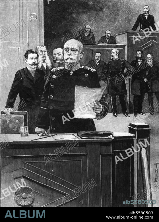 Bismarck, Otto von; Reichskanzler. 1815-1898. "Bismarck verliest im Reichstag die kaiserliche Botschaft". (Auflösung des Reichstags nach Ablehnung der Militärvorlage am 14. Jan. 1887). Holzstich nach Zeichnung von Ewald Thiel (geb. 1855). Aus: Über Land und Meer, 57. Bd., 1887, Nr. 20.