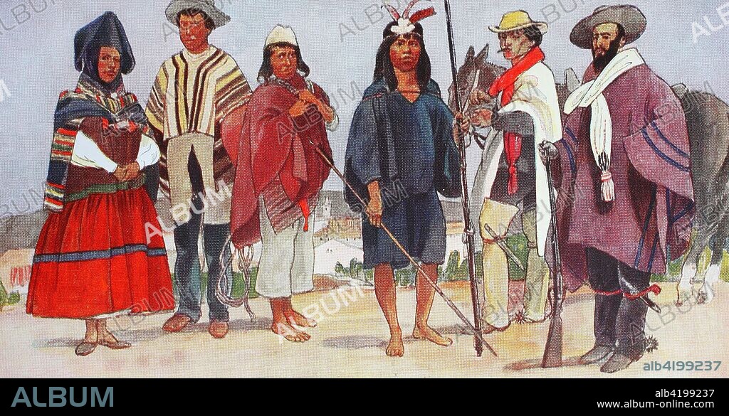 Clothing, fashion in South America, Bolivia and Peru circa the 19th century, from the left, Indian woman from Bolivia, an Indian laborer from Bolivia, an Indian domestic servant in Bolivia, a chuncho, wild mountain dwellers of Bolivia and two Peruvians with travel equipment, digital improved reproduction from an original from the year 1900.