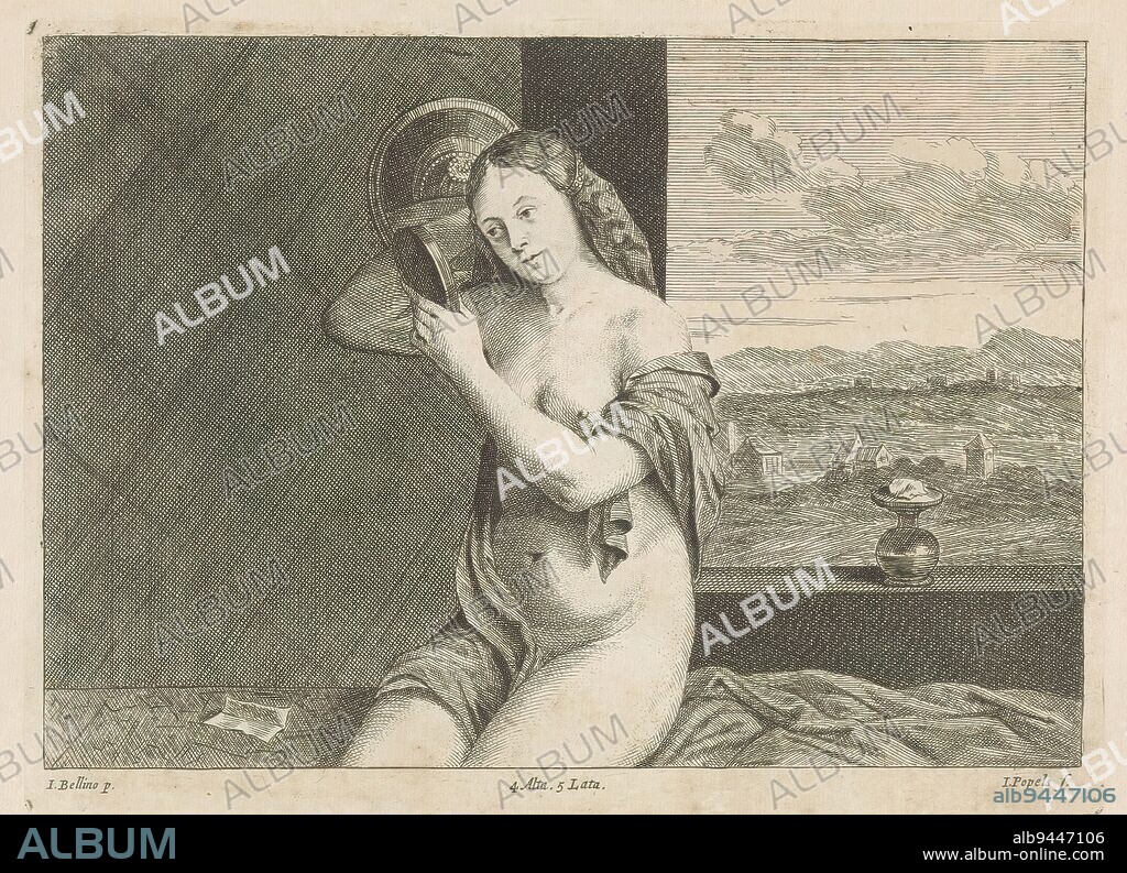 Seated Naked Woman with Mirror, A naked woman sits on a bench and looks at her hairstyle in a mirror. Behind her a view through to a rolling landscape. This print is part of an album., print maker: Johannes Popels, (mentioned on object), after painting by: Giovanni Bellini, (mentioned on object), publisher: David Teniers (II), print maker: Antwerp, after painting by: Venice, publisher: Brussels, 1660, paper, etching, engraving, height 167 mm × width 227 mm.
