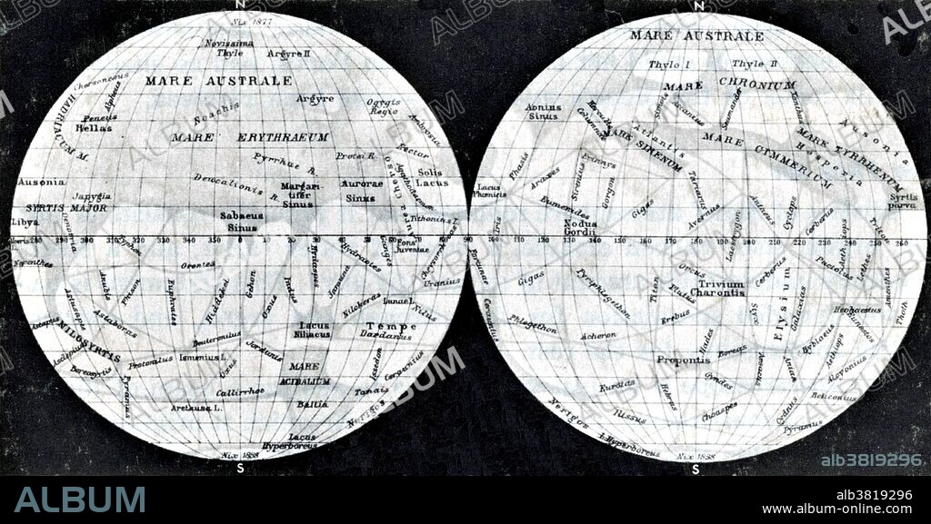 Giovanni Virginio Schiaparelli (1835-1910) was an Italian astronomer and science historian. In 1888, Schiaparelli announced the discovery of a network of narrow lines on Mars, which he described as "canali," an Italian word that means "channels." In Italian, the word can mean a natural channel like a river valley. Schiaparelli's drawings show winding lines that look natural. Unfortunately, English speakers interpreted "canali" as "canals," which are artificial. Some people went so far as to propose the idea that the canals were irrigation canals built by a supposed intelligent civilization on Mars. This map was drawn between 1882 and 1898, when it was published. Mars, also called the Red Planet, is the fourth planet from the sun, having a reddish-orange surface with numerous dark patches and two white polar caps. It has a thin atmosphere, mainly carbon dioxide, and low surface temperatures. Spacecraft encounters have revealed a history of volcanic activity and running surface water. The planet has two tiny satellites, Phobos and Deimos.
