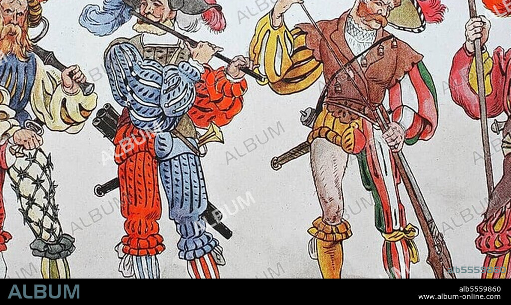 Clothing, c. 1500-1540, the slit uniform, the so-called mi-parti, with slits in the sleeves, doublet and trousers, digitally restored reproduction of an original from the 19th century, fashion of the Landsknechte in Germany.