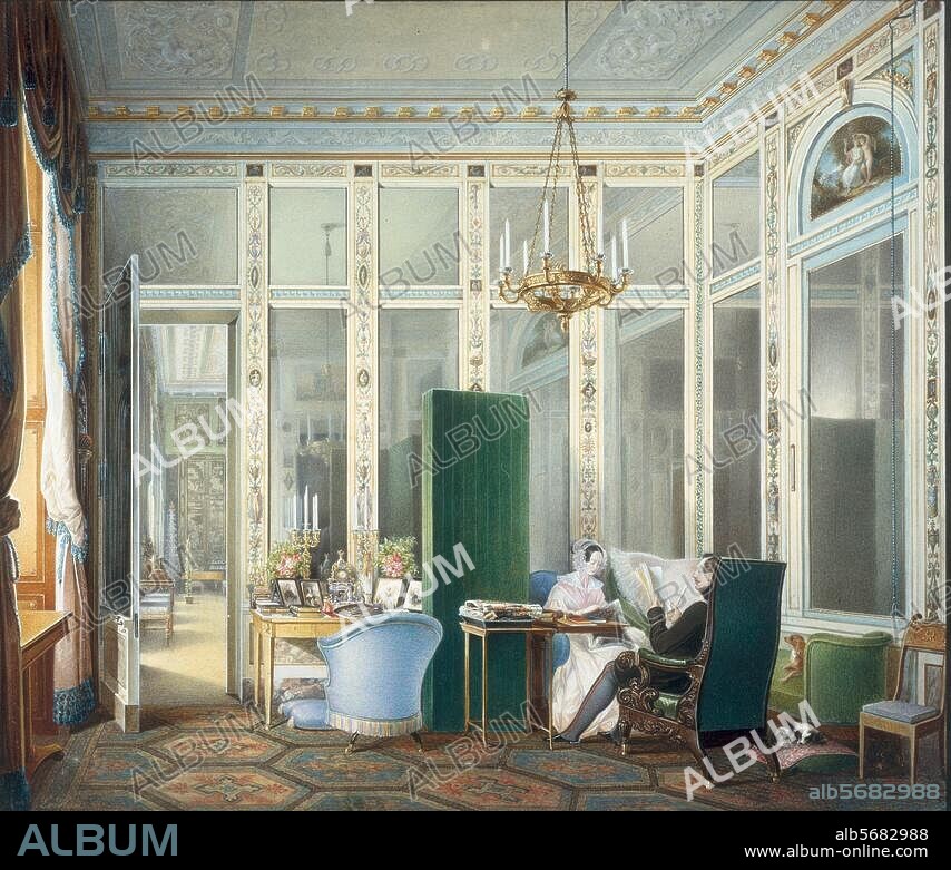 Zarskoje Selo (Carskoe Selo) bei St. Petersburg (Rußland), Großer Katharinenpalast - Bol'soj Ekaterinskij Dvorec (erb. 1718-24, 1743 u. vergrößert 1752-57 von B.F.Rastrelli). Spiegelkabinett Maria Alexandrownas. Aquarell, um 1850, von Eduard Petrowitsch Hau (1807-1887), 27,6 × 32,3 cm. Zarskoje Selo, Katharinenpalast.