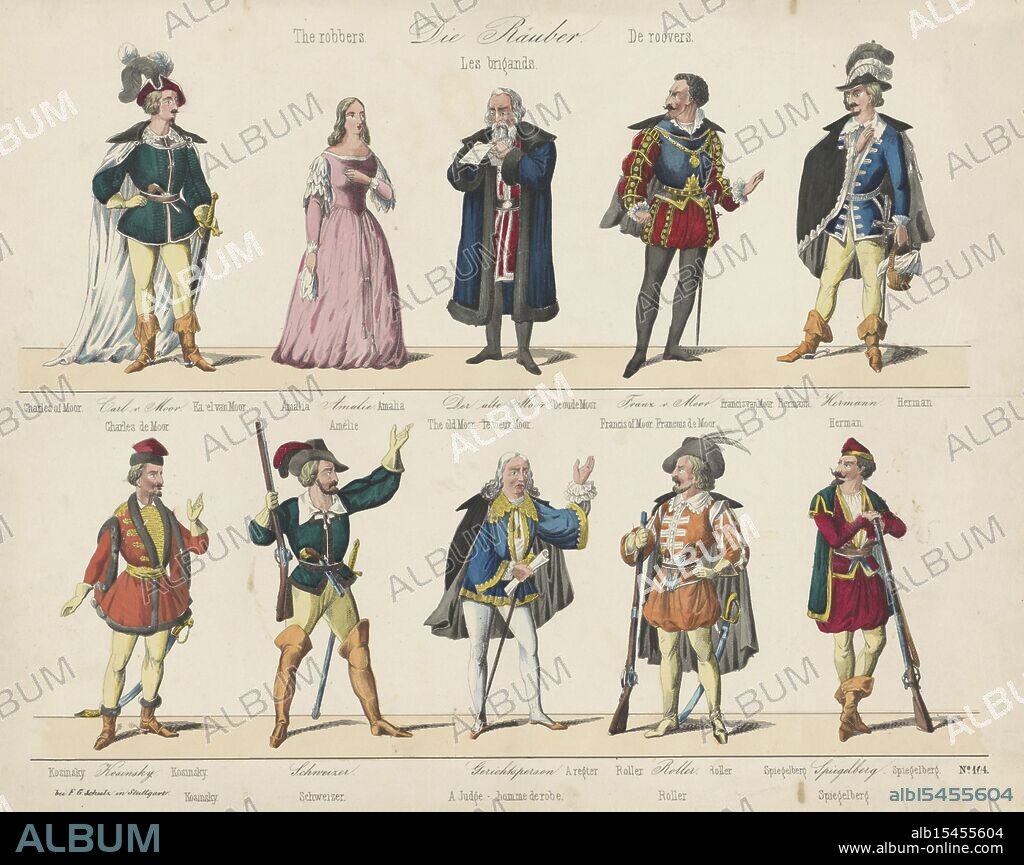 Europe, Stuttgart, Schulz, Friedrich Gustav, The robbers., Die Räuber., De roovers., Les brigands, verso - stamped, Sheet with 2 horizontal rows with representations of characters from the play 'The robbers' by Friedrich Schiller from 1782, about the conflict between the two brothers Karel and Frans de Moor. Below each character his or her name in English, German, Dutch and French. Numbered lower right: No. 104., print, prent, volksprent, prints, prenten, volksprenten, height 329 mm, width 415 mm, Publication (Event), Publication, publisher, uitgever, 1820 - 1865, paper, papier, lithografie (techniek), kleuren, print maker, prentmaker.