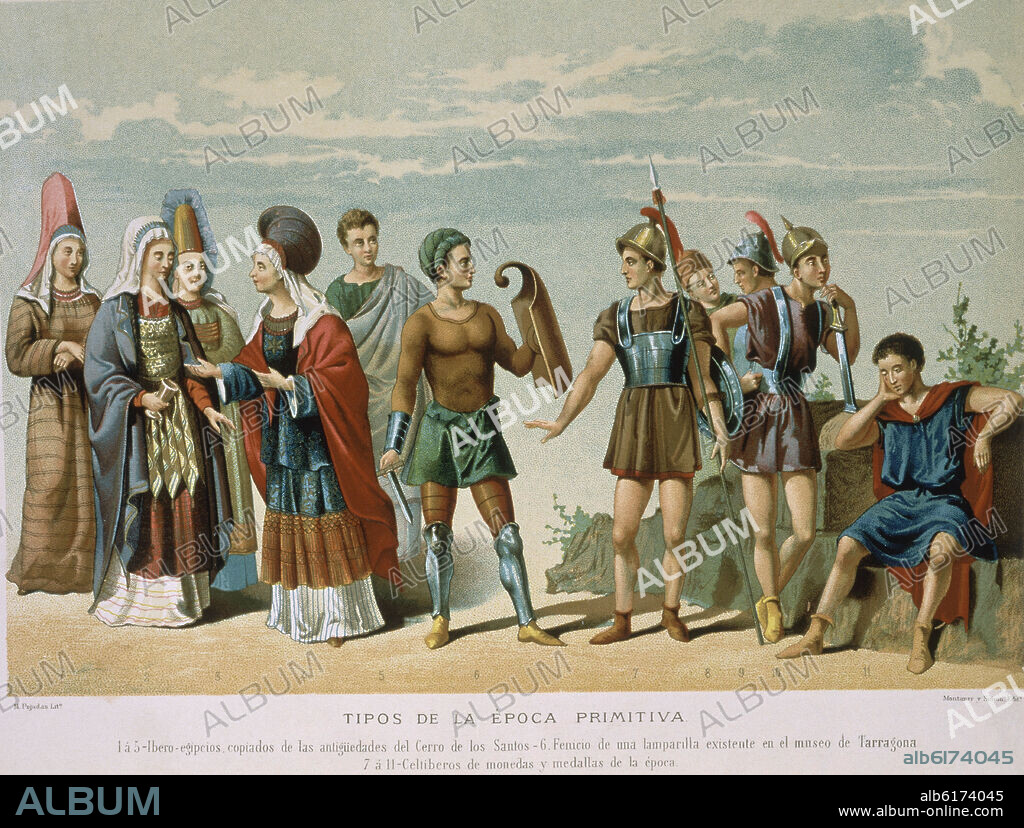 LAFUENTE MODESTO. CROMOLITOGRAFIA "TIPOS DE LA EPOCA PRIMITIVA" HISTORIA GENERAL DE ESPAÑA - EDICION ILUSTRADA BARCELONA - MONTANER Y SIMON - 1877-1880.