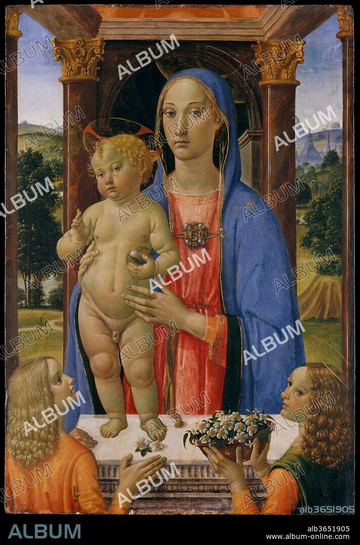 Madonna and Child with Angels. Artist: Cosimo Rosselli (Italian, Florence 1440-1507 Florence). Dimensions: 33 1/2 x 23 in. (85.1 x 58.4 cm).
The picture dates to about 1480-82, around the time Rosselli was working in Rome in the Sistine Chapel together with Perugino, Botticelli, Ghirlandaio, and Signorelli. It was, however, painted for a Florentine, as the background has a view of the dome of Florence cathedral.