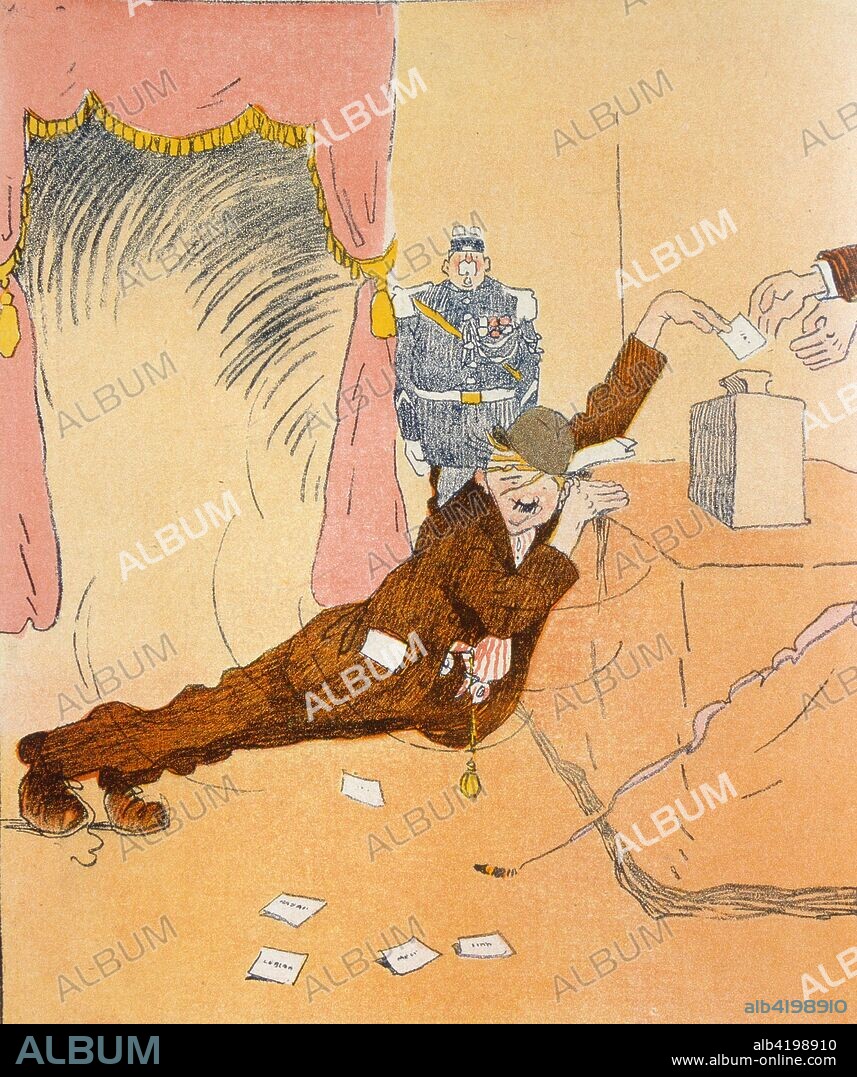 Caricature in L'Assiette du Beurre, 1906, depicting a poor factory worker casting his vote in a ballot box.