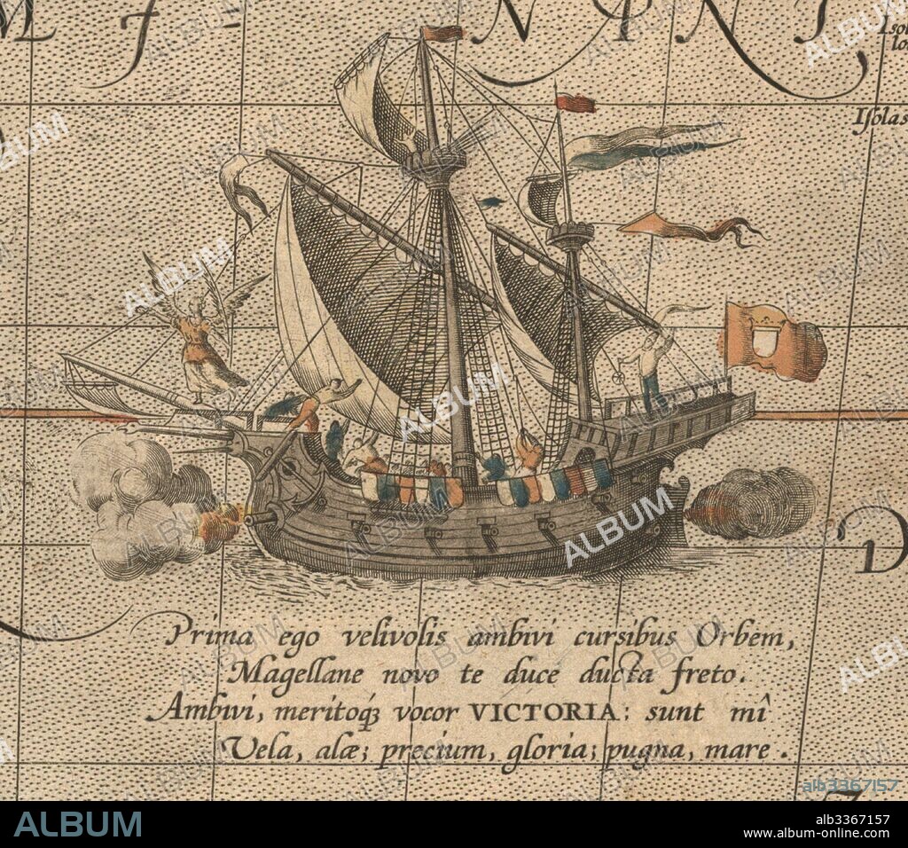 ABRAHAM ORTELIUS. The Victoria, a Spanish carrack, ship of Ferdinand Magellan’s Armada de Molucca. (Aus "Maris Pacifici").