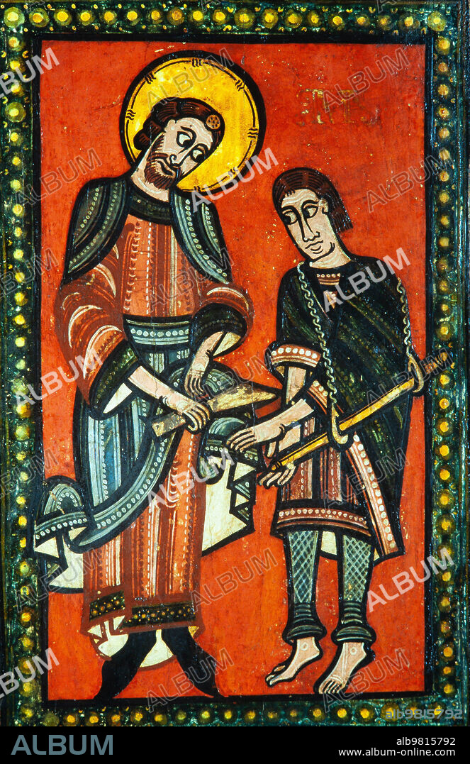 Frontal de altar de Ix. Detalle con San Martín de Tours, siglo XII. Procedente de la Iglesia Parroquial de la Guingueta d'Ix. Museu Nacional d'Art de Catalunya MNAC.