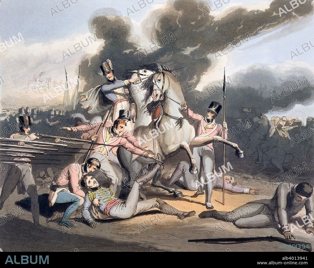 Battle of Talavera, Spain, 28th July 1809 (1819). The British and Spanish army commanded by Wellington won an indecisive victory over the French commanded by Napoleon's brother Joseph Bonaparte, who Napoleon had installed on the Spanish throne. From The Victories of the Duke of Wellington, 1819.