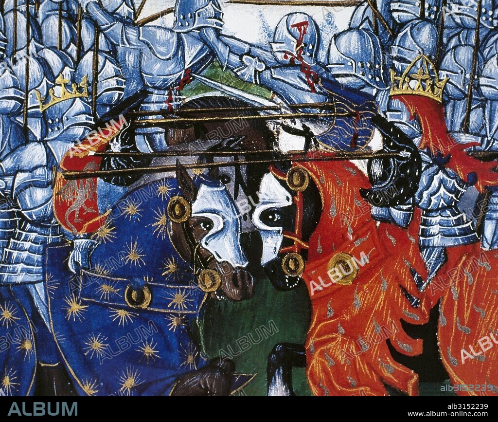 Miniatura con la representación de la BATALLA ENTRE LAS TROPAS DE JULIO CESAR Y LOS GALOS DURANTE LA INVASION DE BELGICA", ambientada en época medieval. "La Fleur des Histoires" (siglo XV). Museo Condé. Castillo de Chantilly. Francia.