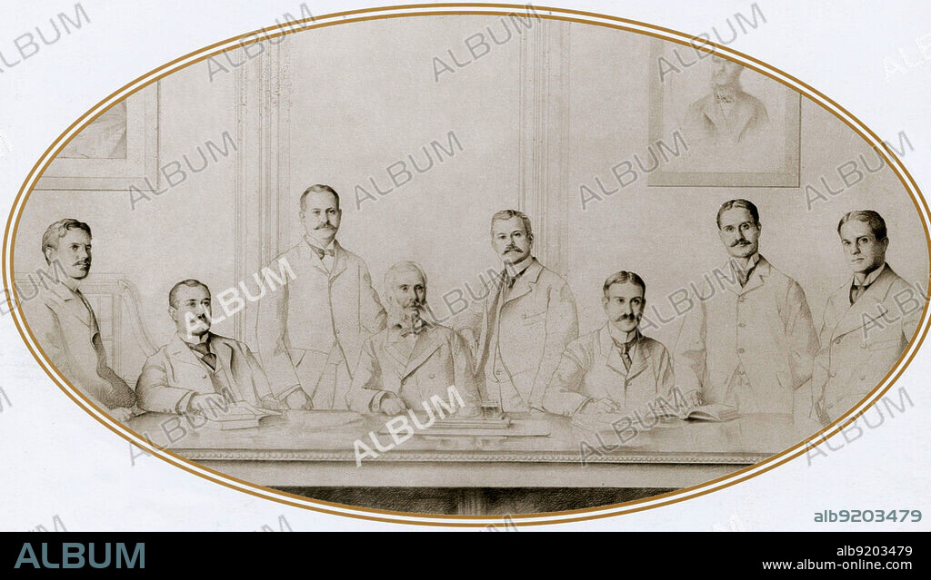 Meyer Guggenheim c. 1895, seated in the center, surrounded by his seven sons (from left to right): William, Murry, Isaac, Daniel, Solomon, Simon and Benjamin. Meyer Guggenheim (1828-1905), a Swiss German Jew, emigrated to America and made a fortune in the mining and smelting industries. The Guggenheims later became philanthropists in such areas as modern art and aviation.