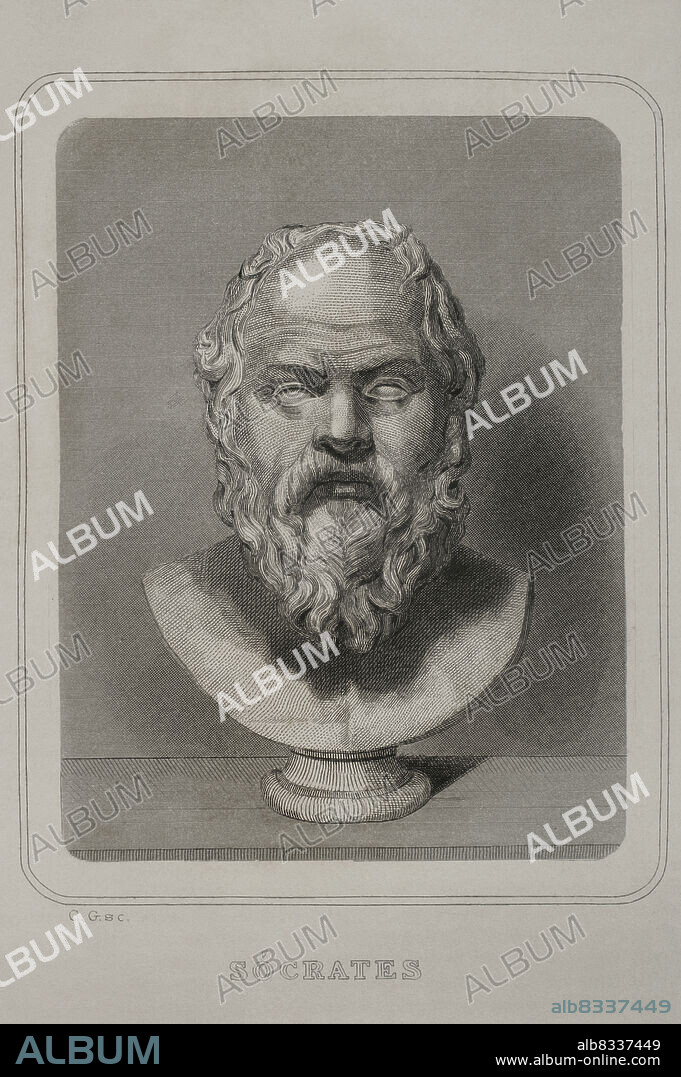 Sócrates (469 a.C. - 399 a.C.). Filósofo griego. Retrato. Grabado. Historia Universal por César Cantú. Tomo I, 1854.