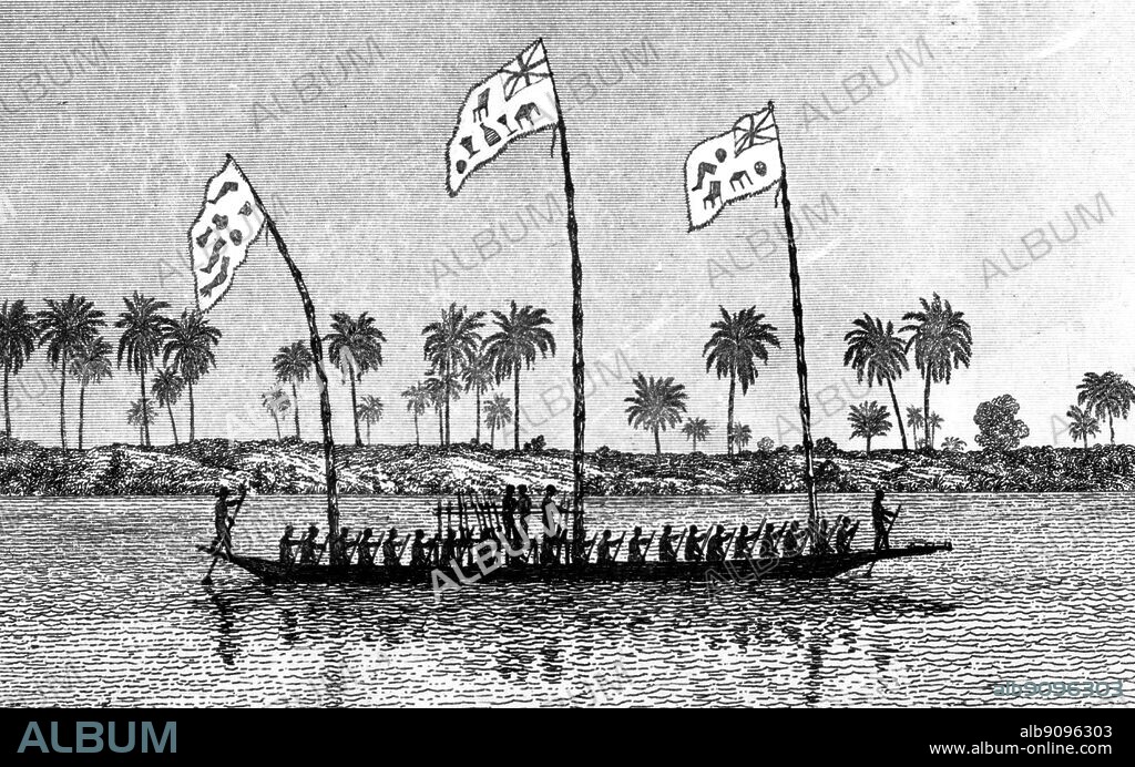 The Lander brothers (Richard and John), were captured and ransomed by Ibo river pirates in war canoes flying battle standards copied from European ships. John Lander (1807-1839) was the younger brother of Cornish explorer Richard Lemon Lander and accompanied him on his first expedition to western Africa. In 1830 the brothers went on an expedition to determine the course of the Niger River. The African Adventure - A History of Africa's Explorers by Timothy Severin, page 131.