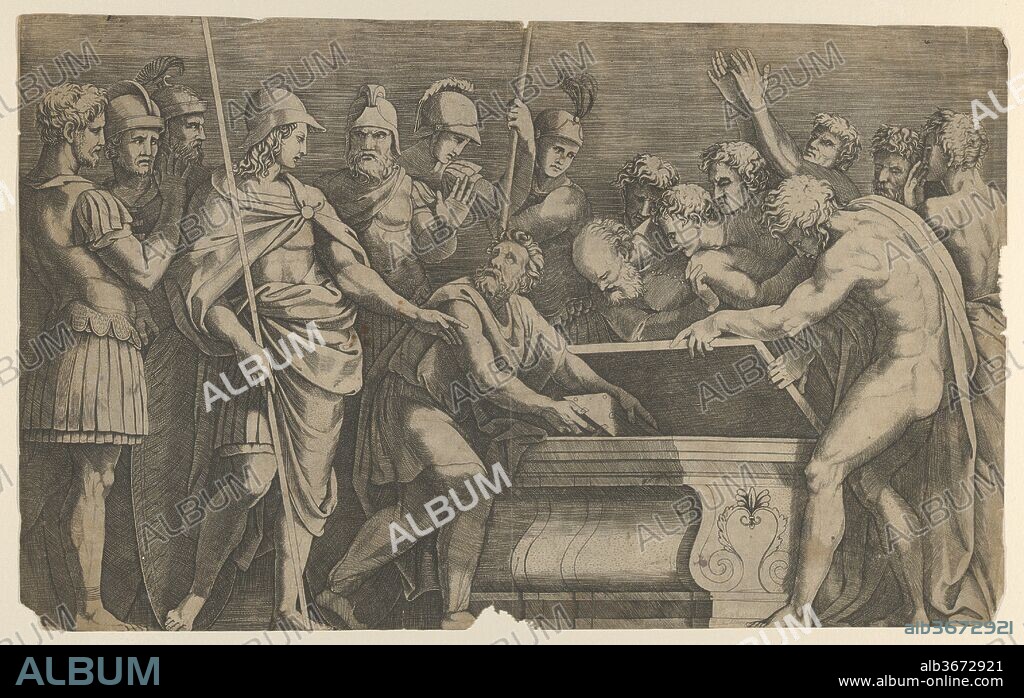 ANÓNIMO. Alexander the Great commanding that the work of Homer be placed in the tomb of Achilles. Artist: Anonymous; After Marcantonio Raimondi (Italian, Argini (?) ca. 1480-before 1534 Bologna (?)). Dimensions: Sheet: 9 11/16 × 15 13/16 in. (24.6 × 40.1 cm). Date: ca. 1500-1550.