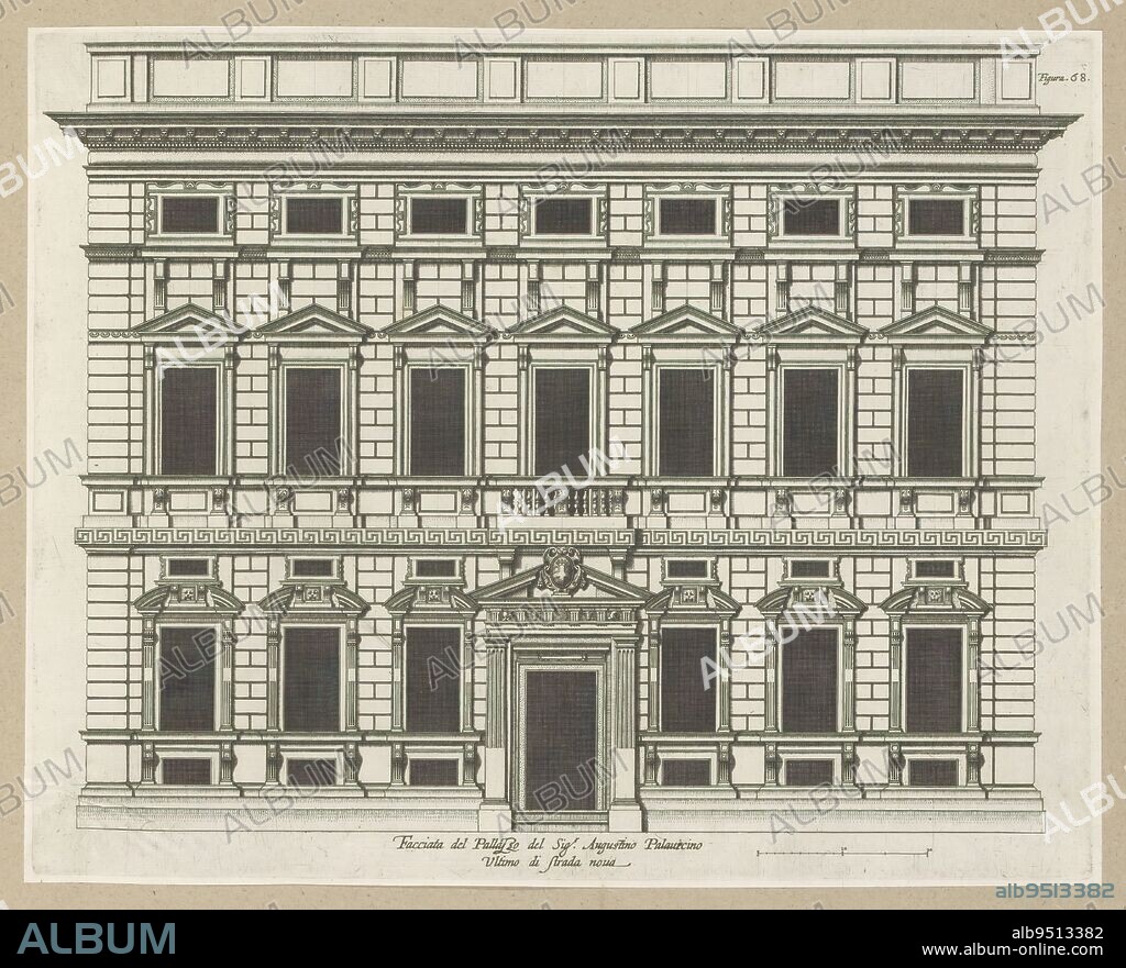 Uprising of the facade of the Palazzo Pallavicini-Cambiaso at Genoa, Facciata del Palazzo del Sigr. Augustino Palavicino / Ultimo di strada nova (title on object), This print is part of an album., print maker: Nicolaes Ryckmans, publisher: Peter Paul Rubens, Spaanse kroon, Antwerp, 1622, paper, engraving, height 285 mm × width 359 mm, height 583 mm × width 435 mm.