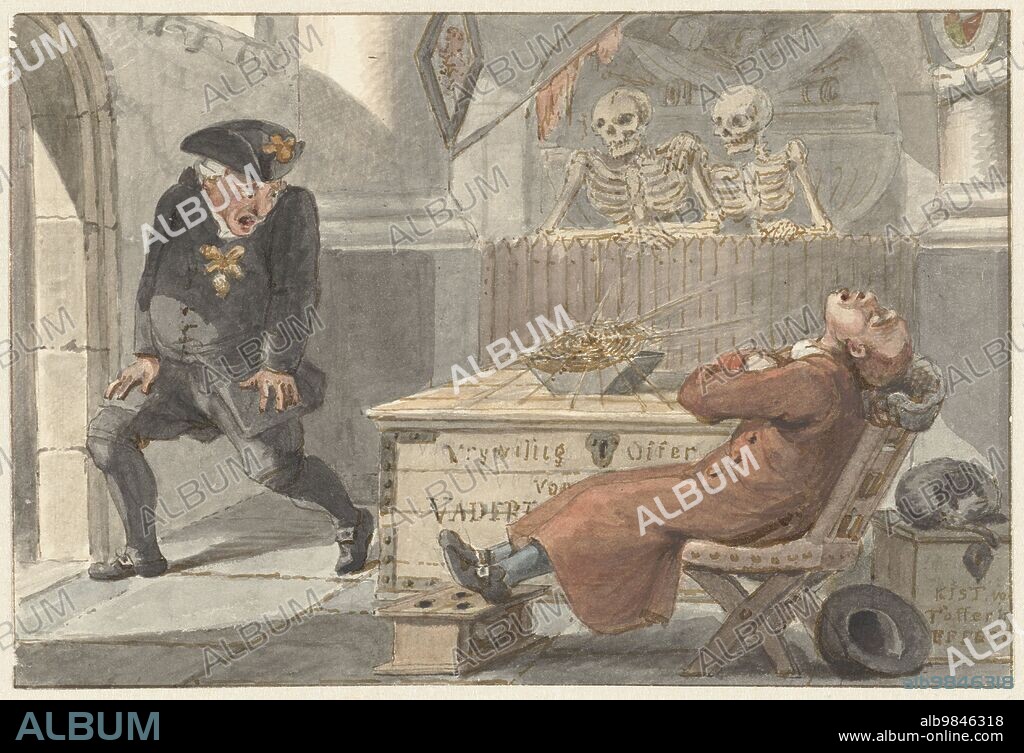 JACOB SMIES. Cartoon on the voluntary sacrifice for the Fatherland, 1774-1833. A sleeping man by an offering box covered with a large spider web. a minister with an orange cockade flees. On the box is written 'Vrywillig Offer voo[r het] Vaderl[and]' (Voluntary Sacrifice for [the] Fatherl[and]). Two skeletons look on.