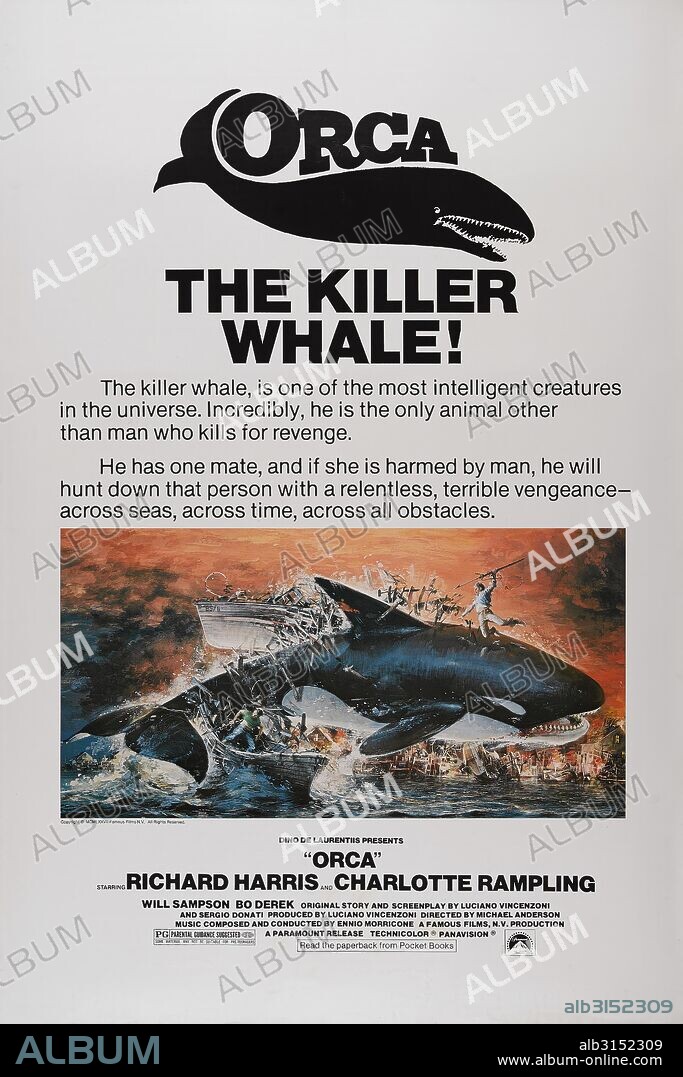 Poster de ORCA, LA BALLENA ASESINA, 1977 (ORCA), dirigida por MICHAEL ANDERSON. Copyright DINO DE LAURENTIIS.