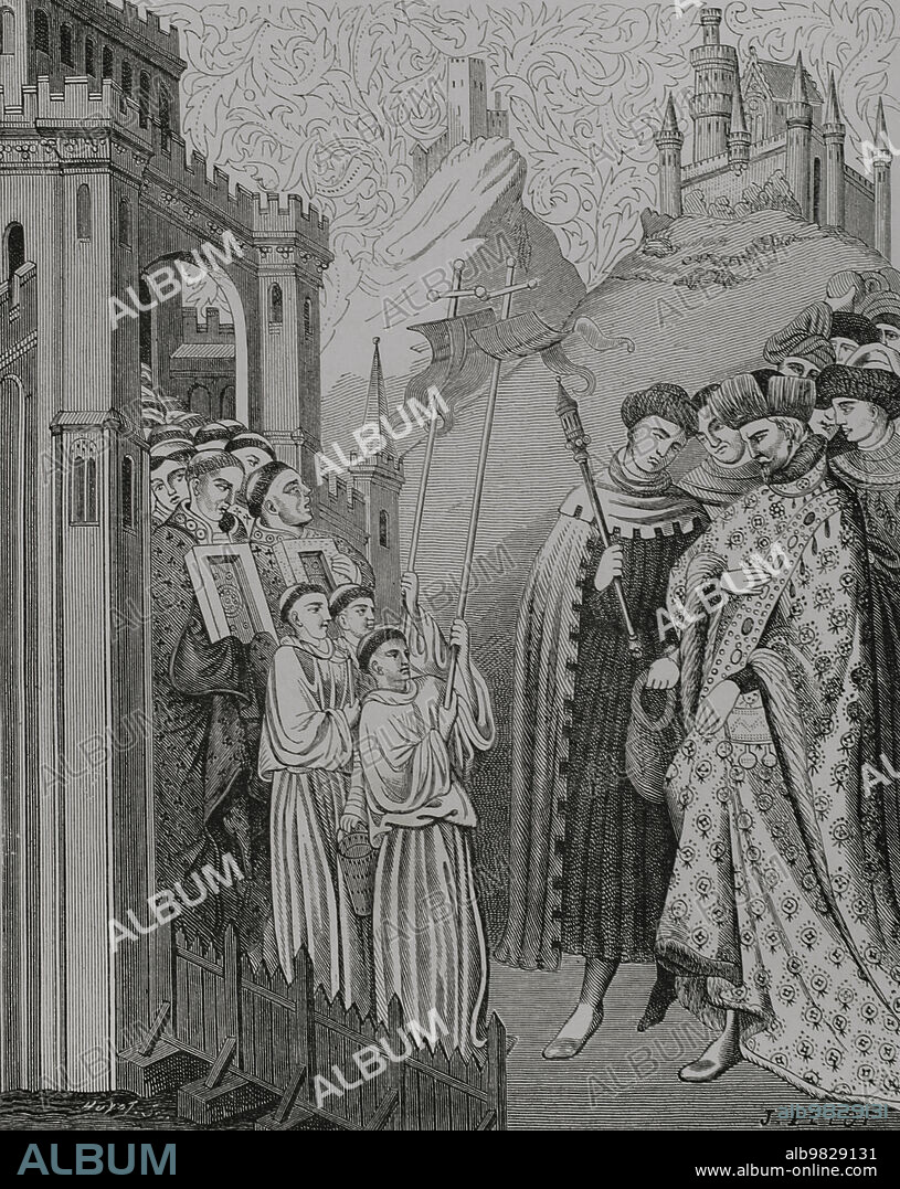 HUYOT Y J. PETOT,19TH CENTURY.. El clero acude solemnemente con la cruz y las santas imágenes ante un señor a la puerta de una iglesia o monasterio. Facsímil por Huyot y J. Petot a partir de una ilustración del siglo XIV. "Vie MIlitaire et Religieuse au Moyen Age et à l'Epoque de la Renaissance". París, 1877.