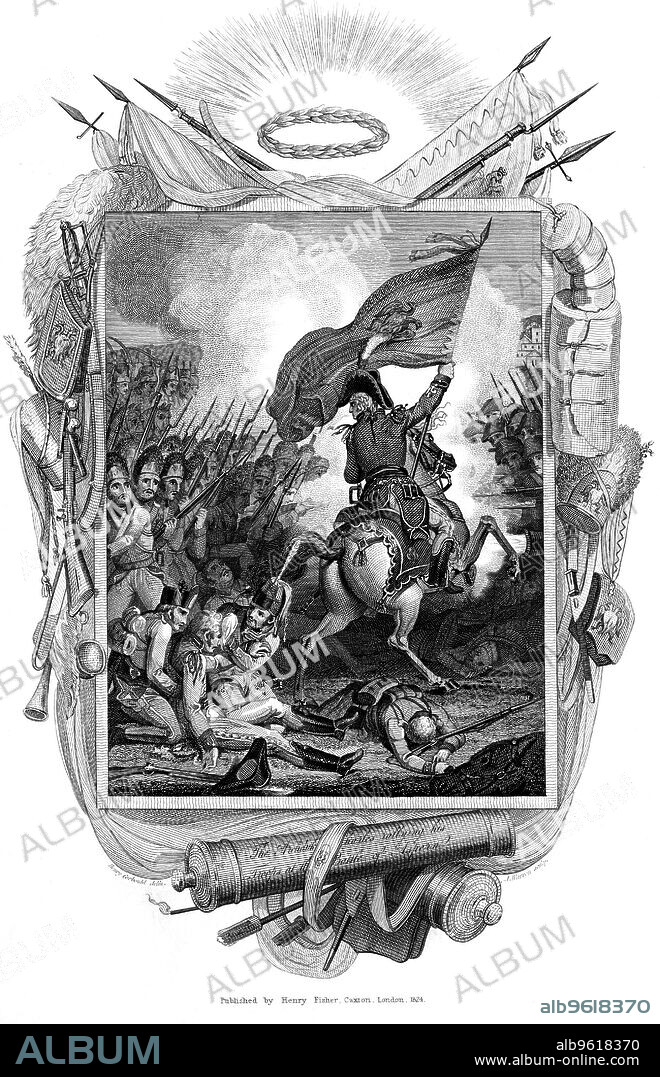 Battle of Aspern Essling, Austria, Napoleonic Wars, 21-22 May 1809 (1832). Archduke Charles of Austria (1771-1847) rallying some of the 115,000 Austrian troops he commanded to victory at Aspern Essling, the first major personal defeat for Napoleon. Archduke Charles personally led his troops into the fray at a crucial juncture in the battle, decisively stopping the French advance.