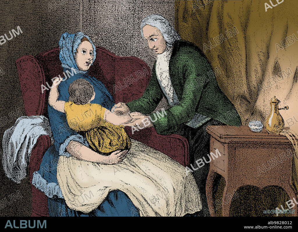 Edward Jenner vaccinates a young child on its mother's lap. Edward Jenner (May 17, 1749 - January 26, 1823) was an English physician and scientist who was the pioneer of smallpox vaccine, the world's first vaccine. His work is said to have saved more lives than the work of any other human. In Jenner‚Äôs time, smallpox killed around 10 percent of the population, with the number as high as 20 percent in towns and cities where infection spread more easily. In 1821 he was appointed physician extraordinary to King George IV, and was also made mayor of Berkeley and justice of the peace. A member of the Royal Society, in the field of zoology he was the first person to describe the brood parasitism of the cuckoo. He died in 1823 at the age of 73. Jenner's vaccine laid the foundation for contemporary discoveries in immunology. In 2002, Jenner was named in the BBC's list of the 100 Greatest Britons. Cropped lithograph attributed to Jean-Louis Tirpenne, 1820/1830.