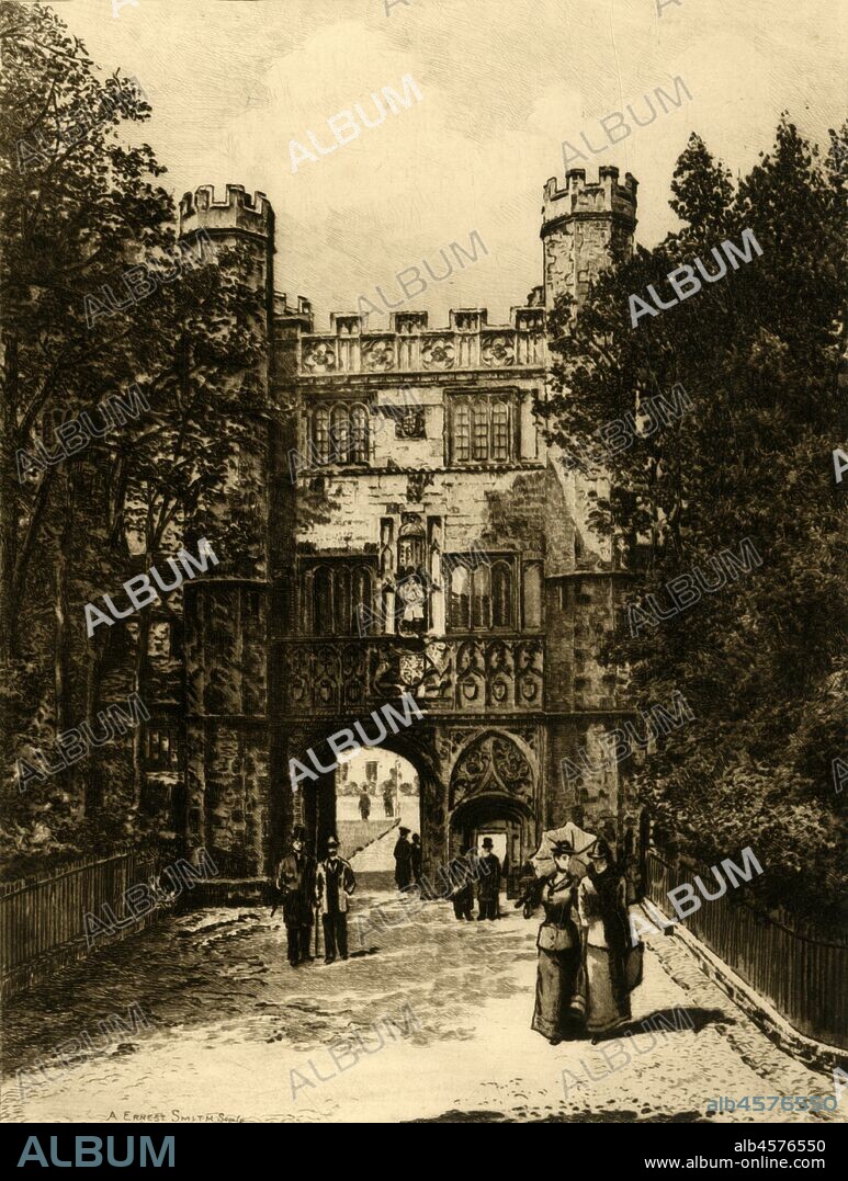 'Gateway of Trinity College, Cambridge', 1898. Trinity College was founded by Henry VIII in 1546, the Great Gate was built at the beginning of the 16th century. Henry VIII, stands in a niche above the doorway, in his right hand he holds a chair leg instead of a sword,  beneath the statue are the coats of arms of Edward III.  From "Our Own Country, Volume II". [Cassell and Company, Limited, London, Paris & Melbourne, 1898].