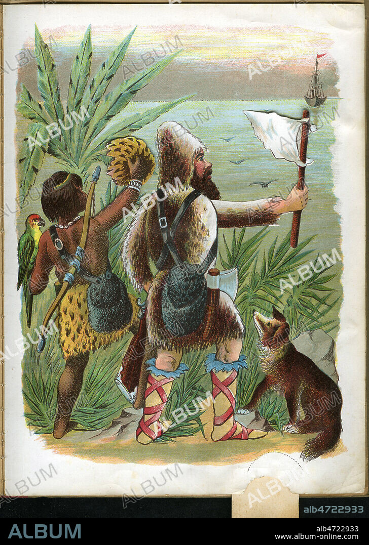 Robinson Crusoe et Vendredi appelant le navire salvateur. Illustration anonyme pour un livra a systeme d'apres le roman de de Daniel DEFOE (1660-1731). Credit : Collection Jean Vigne/KHARBINE-TAPABOR.