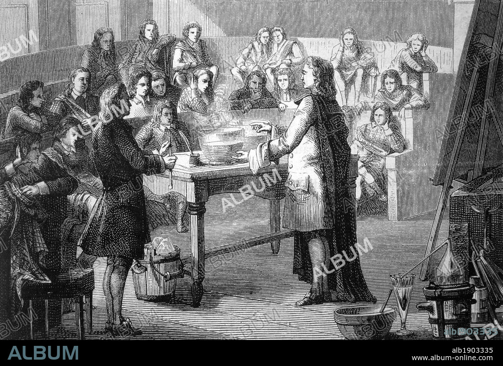 Joseph Black (1728-1799). Scottish Physician, physicist and chemist. Performing experiments on steam at the University of Glasgow. Scotland, 18th century.