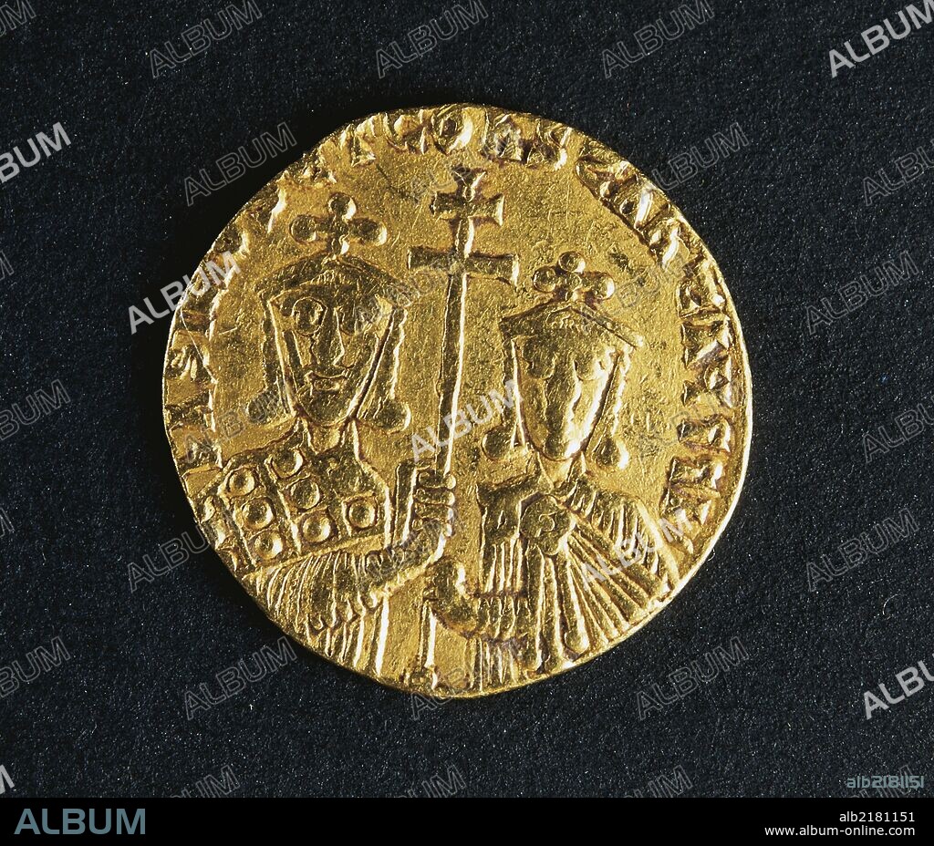 Gold solidus of Basil I and his son Constantine depicting the Emperor and his son, recto. Byzantine coins, 9th century.