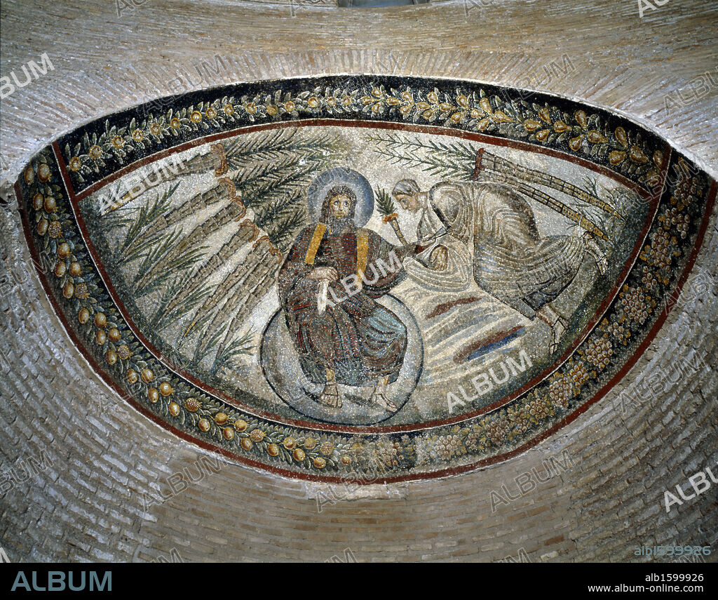 EARLY CHRISTIAN MOSAICIST-4THC. Italy, Napoli, San Giovanni in Fonte, Christ on globe Giving a Scroll to St. Peter, early Christian mosaic, 4th century.