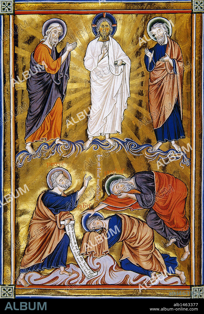 "TRANSFIGURACION DE JESUS JUNTO CON MOISES Y ELIAS, EN PRESENCIA DE LOS APOSTOLES, SANTIAGO, JUAN Y PEDRO". Miniatura de un salterio del siglo XV. Castillo de Chantilly. Francia.