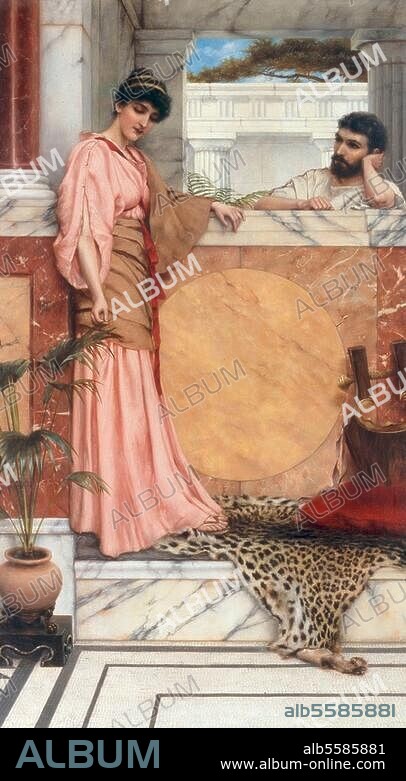JOHN WILLIAM GODWARD. Godward, John William 1861-1922. "Waiting for an Answer" (In Erwartung der Antwort), 1889. (Brautwerbung im antiken Griechenland). Öl auf Leinwand, 61 × 35,5 cm. Kunsthandel London, Sotheby's, 1. Juni 1985, Lot 60.