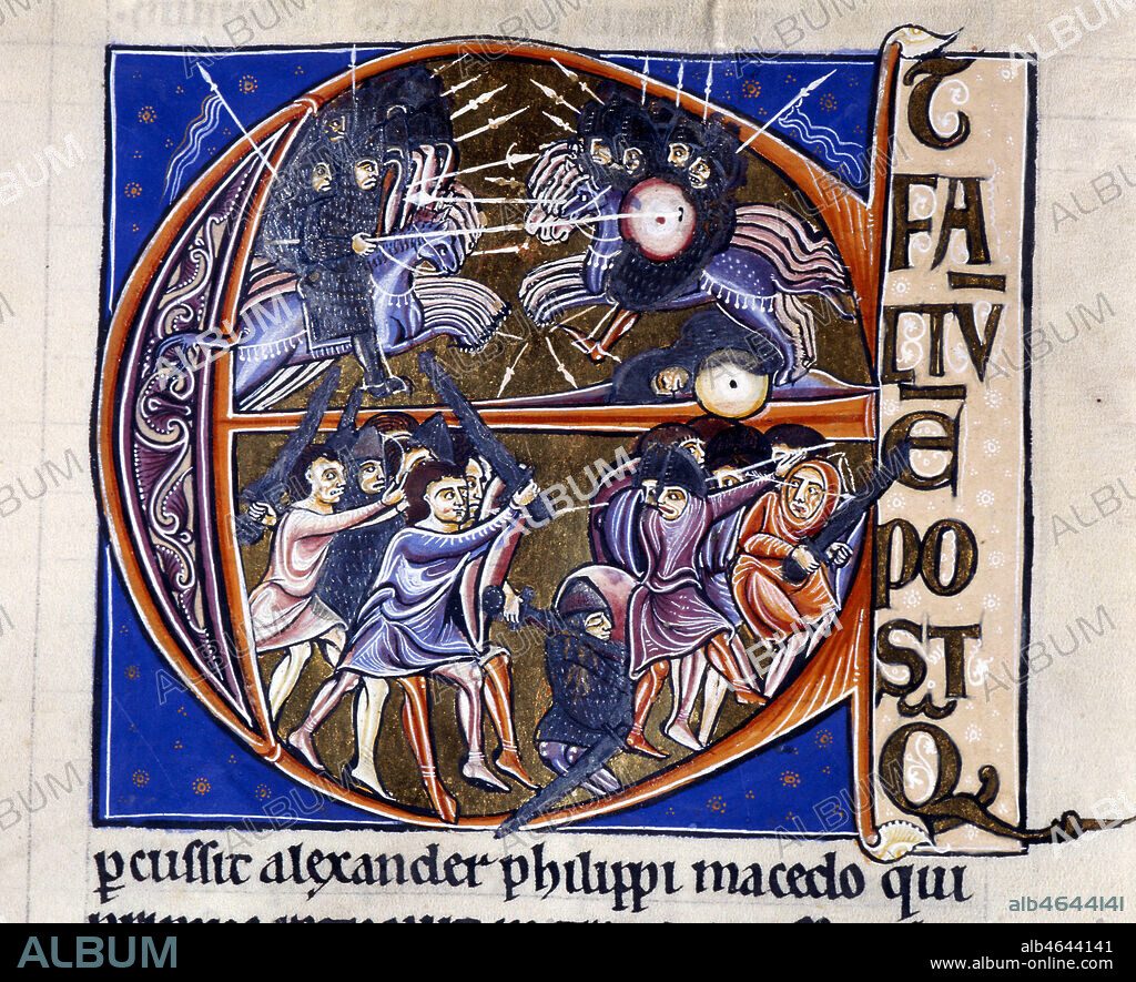 Lettrine "E" enluminée représentant une bataille des Maccabées tiré du Livre des Maccabées (f°223). Ce manuscrit sur parchemin est une vulgate: traduction latine de la Bible par Saint Jérôme.Biblia sacra ex translatione S. Hieronymi : 1170-1180 - 12ème siècle. Credit Mention obligatoire BMIU-Clermont-F/Kharbine-Tapabor.