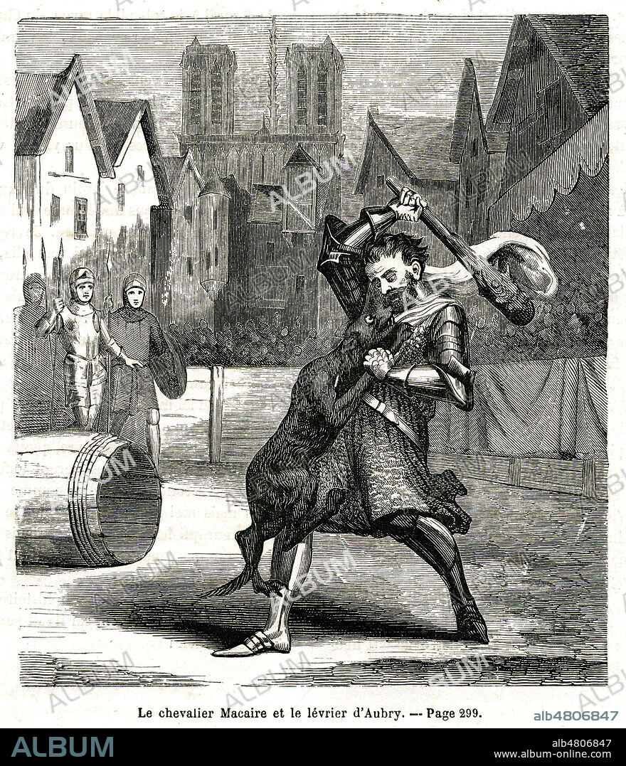 Le chevalier Macaire et le levrier d'Aubry de Montdidier ou le Chien de Montargis. (Duel judiciaire entre un gentilhomme et un chien de sa victime). Illustration anonyme de 1867 pour Histoire des Chiens celebres par Emile RICHEBOURG (1833-1898). Credit : Collection Jonas/Kharbine-Tapabor.