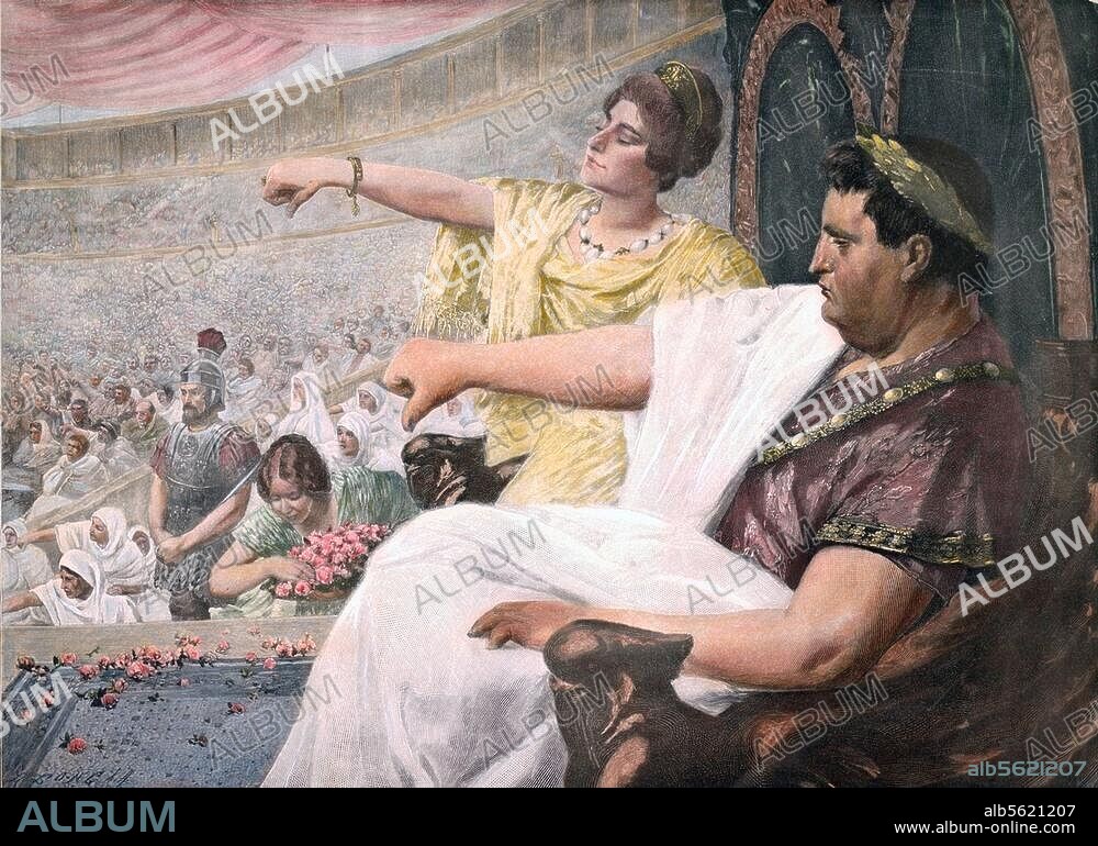 Nero, römischer Kaiser, 37-68 n. Chr. "Nero im Circus". (Todesurteil für einen unterlegenen Gladiator durch den nach unten gerichteten Daumen). Holzstich, um 1900, koloriert, nach Gemälde von Wilhelm Otto Peters. (1851 - nach 1919).
