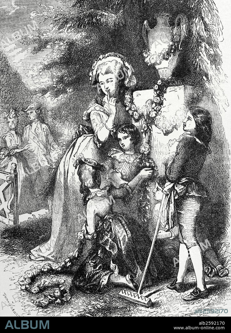 María Antonieta de Austria (1755-1793). Reina consorte de Francia por su matrimonio con Luis XVI de Francia. Fue condenada a muerte el 16 de octubre de 1793. María Antonieta y su hijos en Trianon. Grabado por Tony Johannot. Galería Universal, 1868.