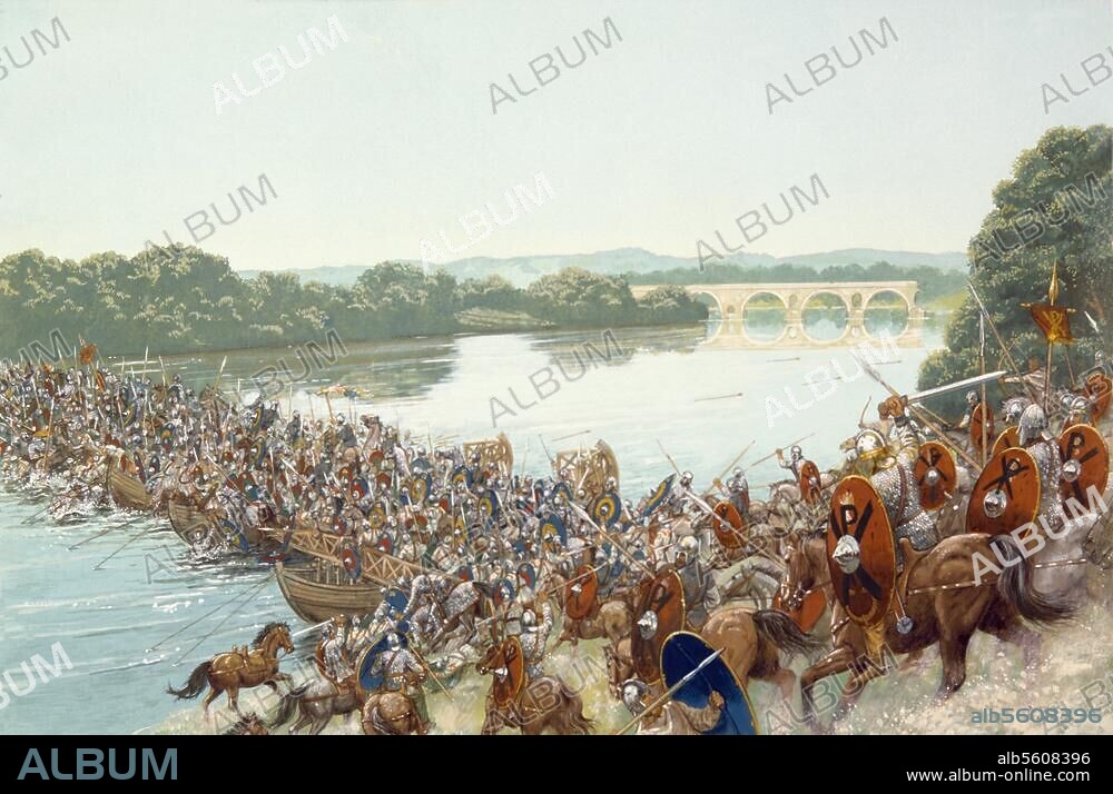 Römisches Reich / Schlacht an der Milvischen Brücke, 28. Oktober 312 (Kaiser Kaiser Konstantin d. Gr. siegt über den Gegenkaiser Maxentius). "Battle over Milvian Bridge (...) ". Aquarell, 1989, von Peter Connolly (1935-2012). Aus der Serie "Warfare in the Ancient World".