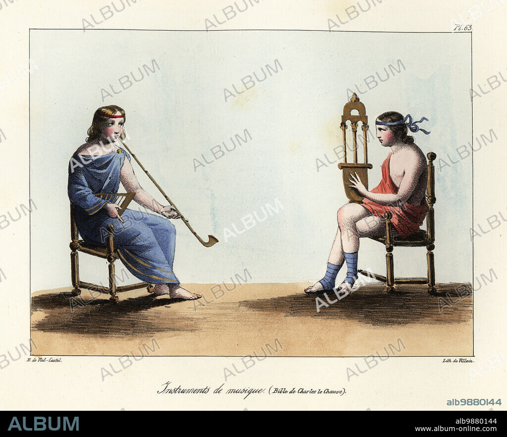 Musical instruments in the time of King David. Two of the four musicians, known as composers of psalms, Ethan, Iduthin, Asaph and Eman, with lyre, cithara and horn or tobacco pipe. From an illuminated image of David in the Vivian Bible, First Bible of Charles the Bald, 846, BnF. Instruments de musique, Bible de Charles le Chauve. Handcoloured lithograph by Villain after an illustration by Horace de Viel-Castel from his Collection des costumes, armes et meubles pour servir à l'histoire de la France (Collection of costumes, weapons and furniture to be used in the history of France), Treuttel & Wurtz, Bossange, 1827.