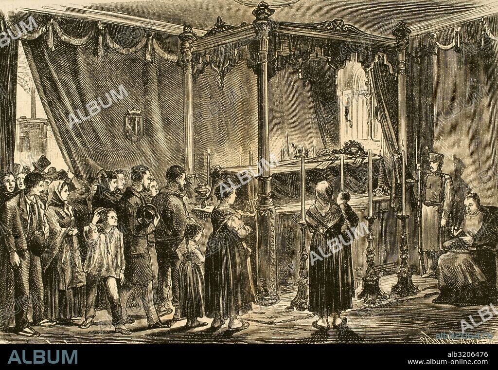 Domingo Dulce Garay (1808-1869). Marqués de Castell Florite. Noble y militar español. Capitán General de Cataluña (1858-1862). Gobernador y Capitán de Cuba (1862-1866 y 1869). Funerales del general Dulce. Grabado por Sadurní y Moracho. La Ilstración Española y Americana, 1870.