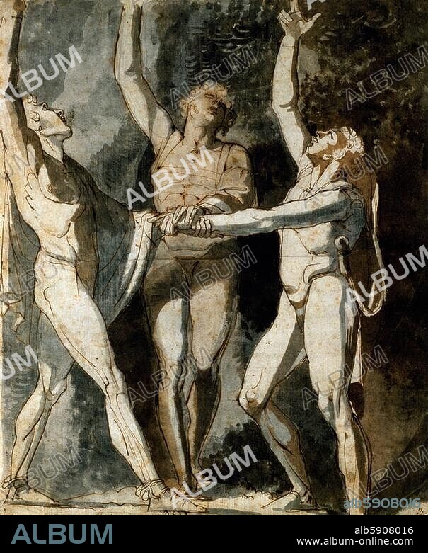 JOHANN HEINRICH FÜSSLI DER JÜNGERE. Rütlischwur, November 1307 (oder August 1291). "Die drei Eidgenossen beim Schwur auf dem Rütli". (Werner Stauffacher, Walter Fürst und Arnold Melchthal). Zeichnung, 1779, von Johann Heinrich Füssli (1741-1825). Feder und Sepia, braun und grau laviert, 41,4 × 34,5 cm. Inv. Nr. 1938/765. Zürich, Kunsthaus.