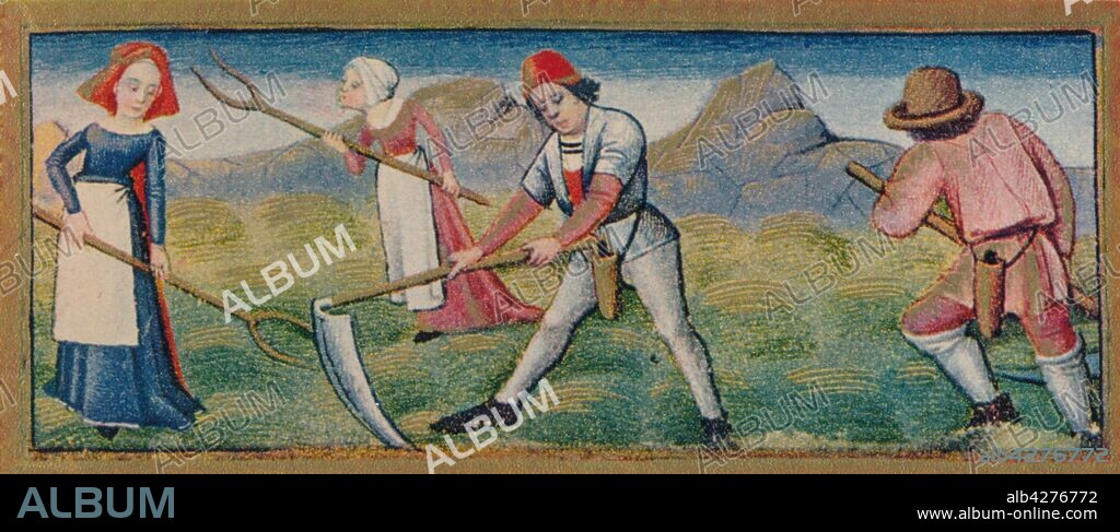 June - mowing, 15th century, (1939). Peasants mow the wheat. The men use scythes to cut the ears at the bottom while the women hold forks to heap the mown ears into piles. Detail of a page from the "Heures de Charles d'Angoulême", a book of hours commissioned by Charles of Orléans (1459-1496), with miniatures mostly painted by Robinet Testard, and now in the Bibliothèque nationale de France in Paris. Published in "Verve - No. 8, Vol. II". [Verve, France, 1939].