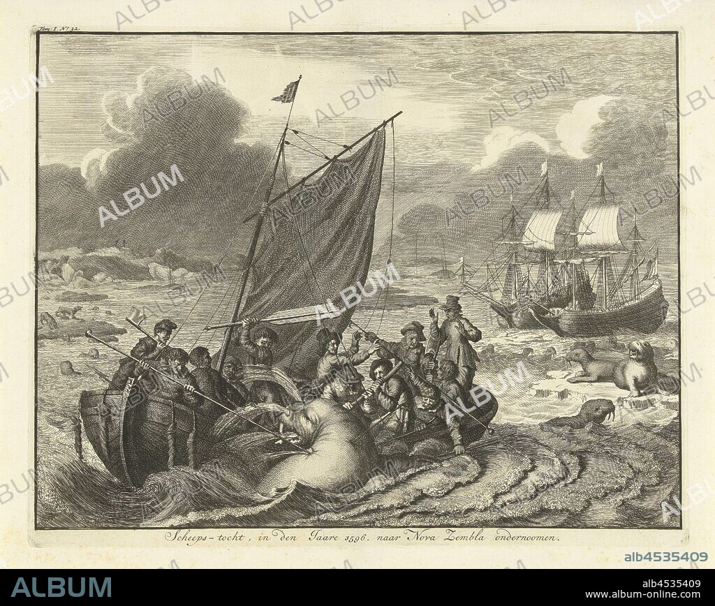 The voyage to Nova Zembla in 1596 Ship voyage, in the Year 1596. undertaken to Nova Zembla (title on object), The voyage to Nova Zembla in 1596. The ship's crew in a sloop in combat with a walrus, in the background the two ships, exploration, expedition, voyage of discovery, swimming mammals (with NAME), Willem Barendsz, Jacob van Heemskerck, Jan Luyken, Northern Netherlands, 1679 - 1681 and/or 1730, paper, engraving, h 272 mm × w 343 mm.
